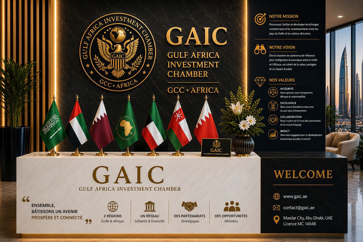 GAIC institutional welcome desk with GCC and Africa flags